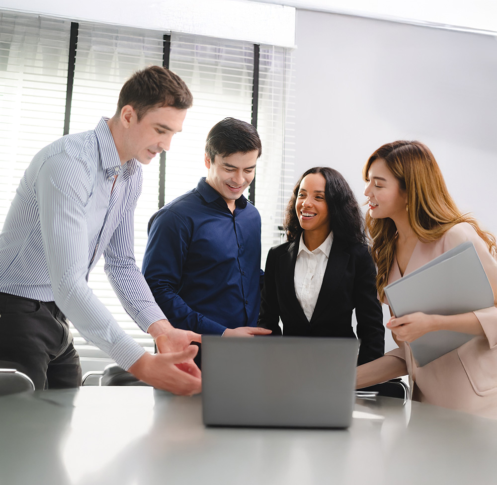 Empleados revisando ordenador con cliente